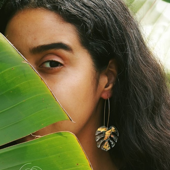 Purple & Gold Monstera Resin Hoops | Handmade - Picture 4 of 4